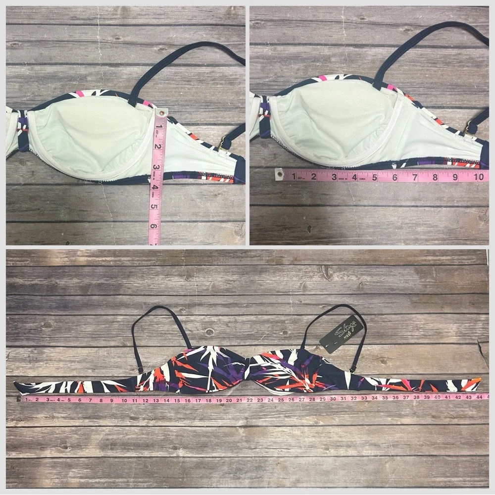 Skye Navy Blue Leaves Removable Strap Back Tie Underwire Bandeau Bikini Top NOS